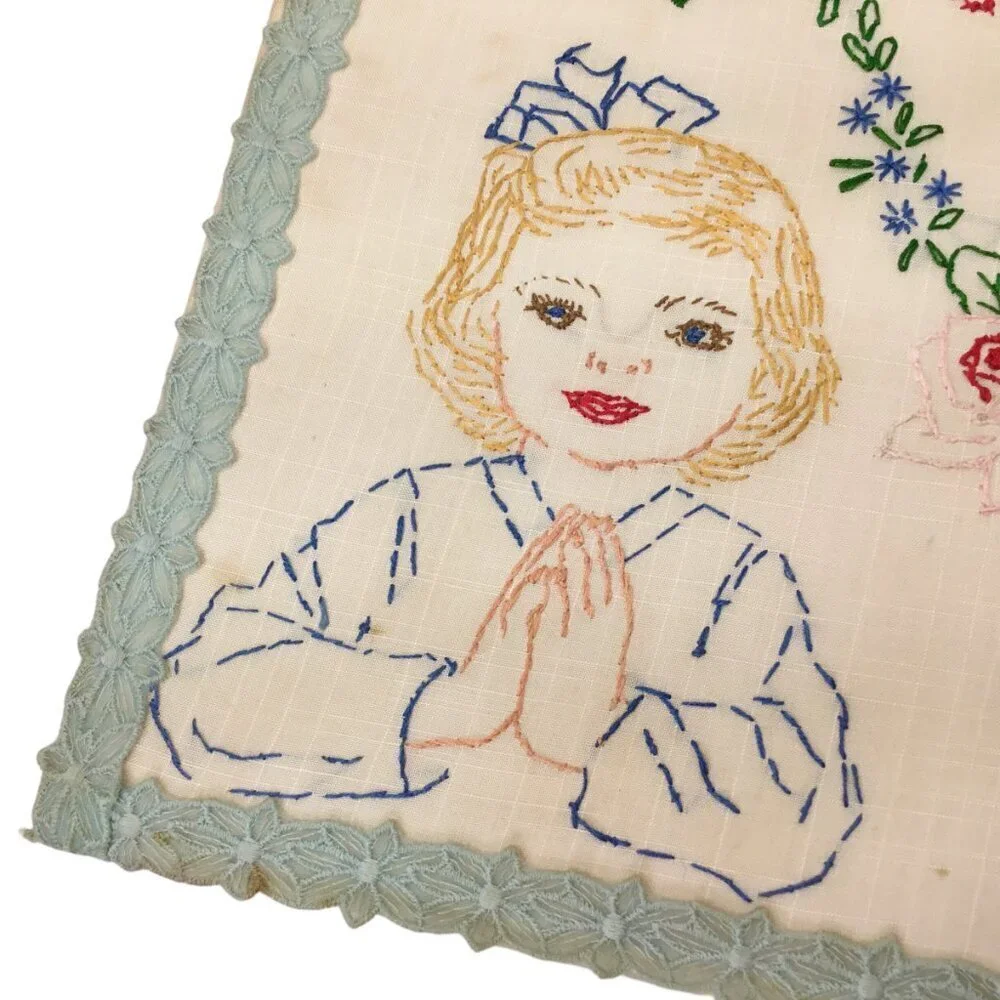 Vtg Finished Cross Stitch Crewel Prayer Now I Lay Me Down To Sleep Embroidery